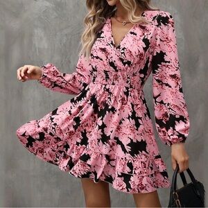 Long Sleeve Dress Floral Pink and Black